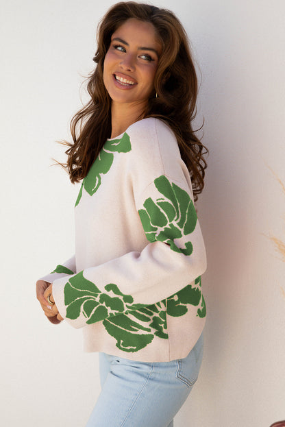 Green Bold Flower Pattern Wide Sleeve Baggy Sweater