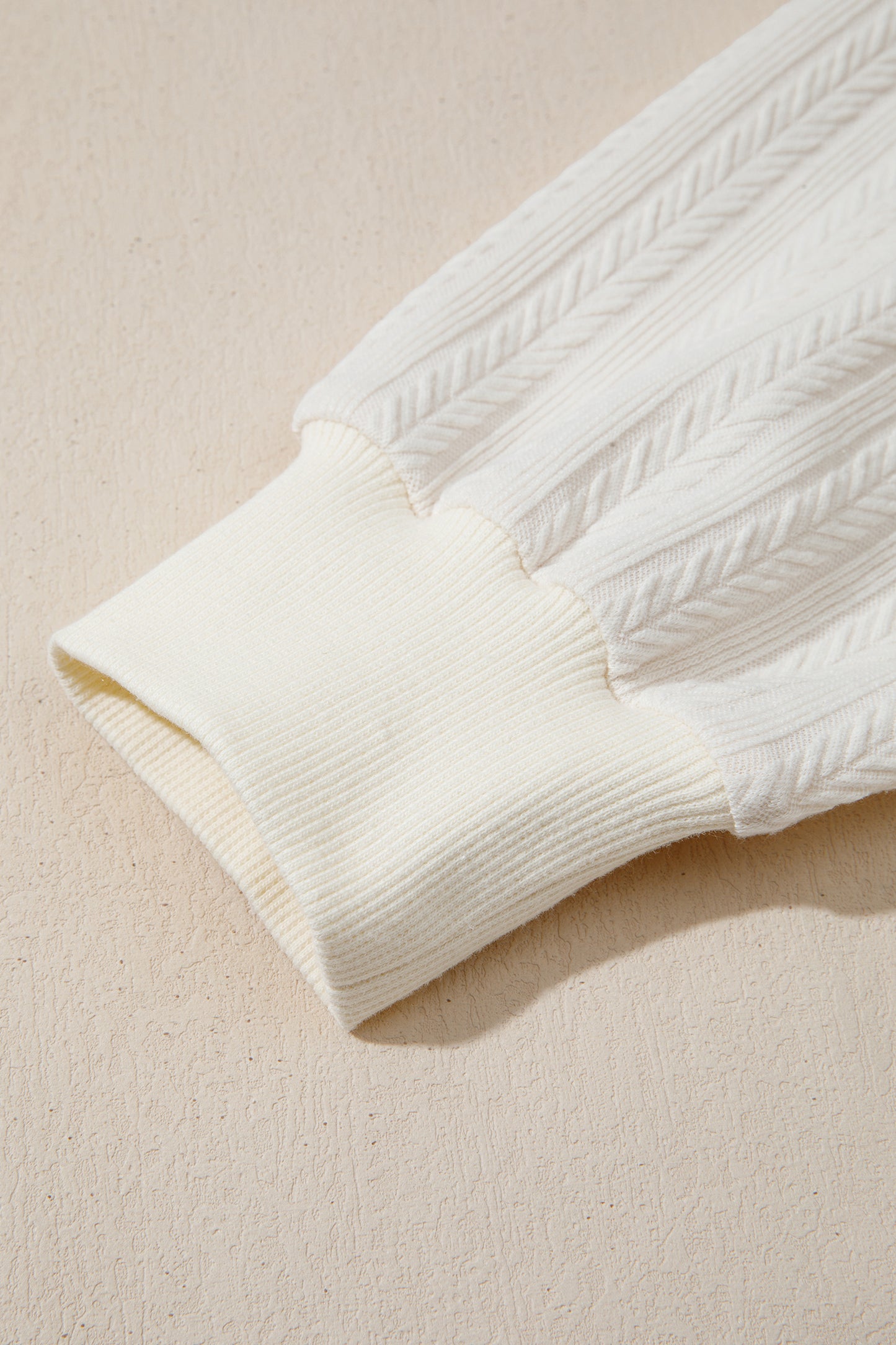 Beige Solid Color Textured Sleeve Patchwork Half Zip Hoodie