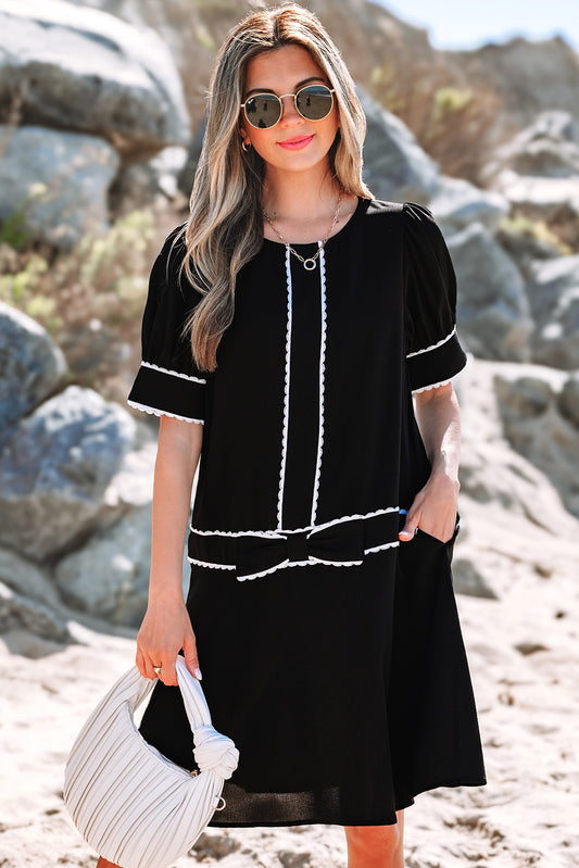 Black Contrast Scallop Trim Bow Detail Half Sleeve Shift Dress