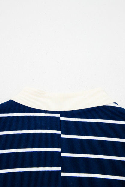 White Stripe Stand Collar V Neck Elastic Cuffs Half Sleeve Dolman Top