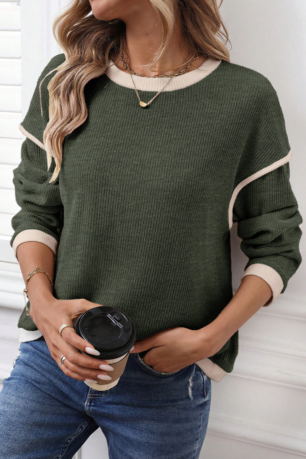 Four Leaf Clover Contrast Color Trim Knit Drop Shoulder Loose Top