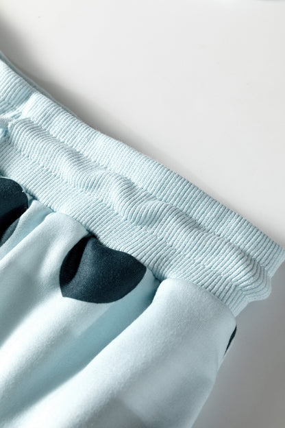 Beige Polka Dot Print Drop Shoulder Pullover Drawstring Shorts Set