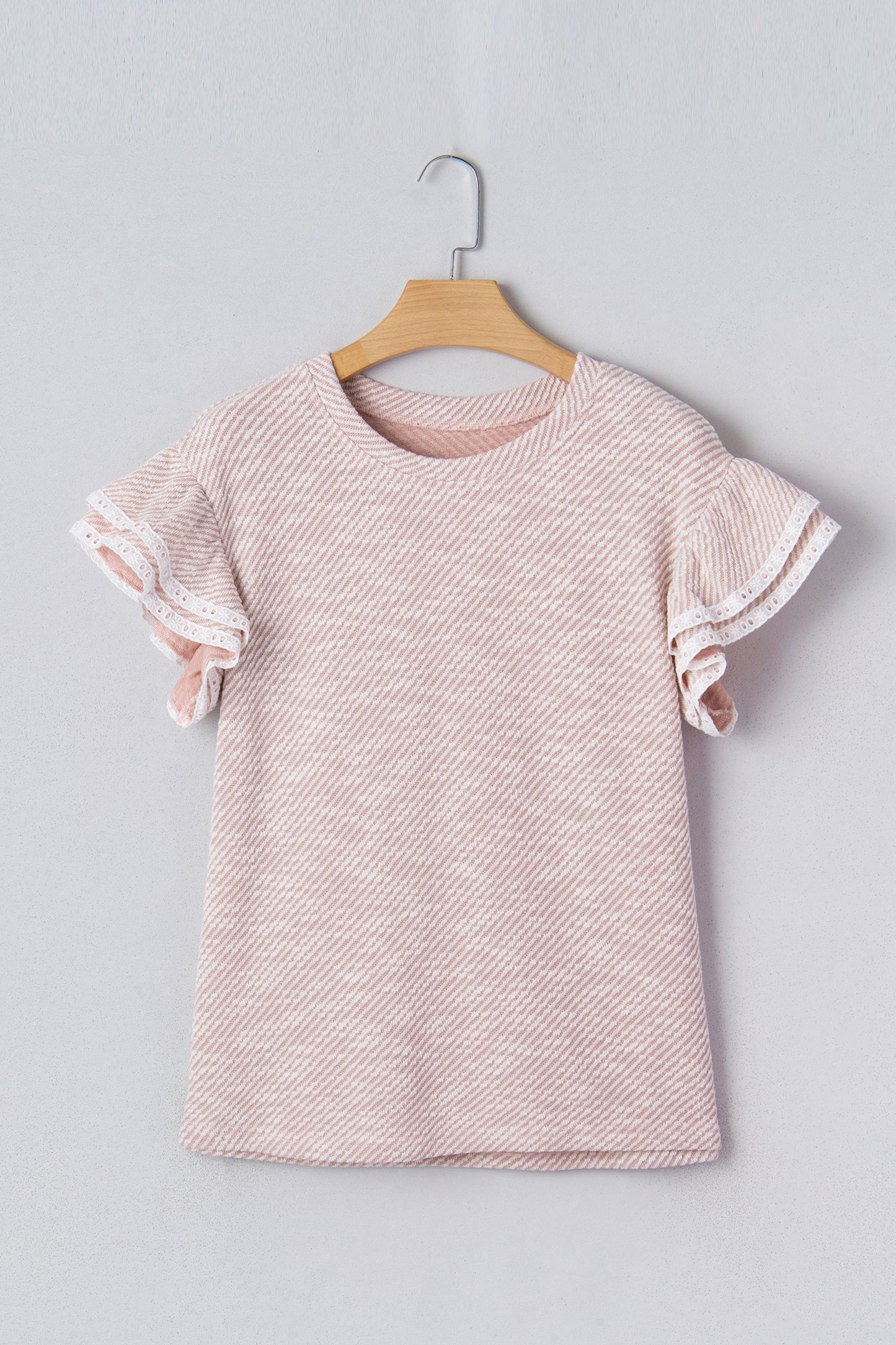 Light Pink Twilled Print Lace Trim Ruffled Short Sleeve Blouse