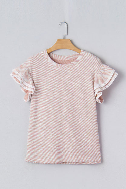 Light Pink Twilled Print Lace Trim Ruffled Short Sleeve Blouse