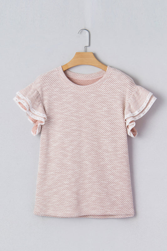 Light Pink Twilled Print Lace Trim Ruffled Short Sleeve Blouse