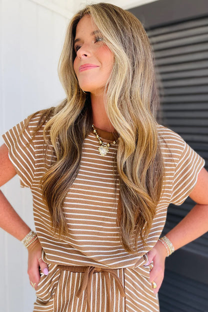 Khaki Stripe Crew Neck Tee Drawstring Waist Cropped Pants Set