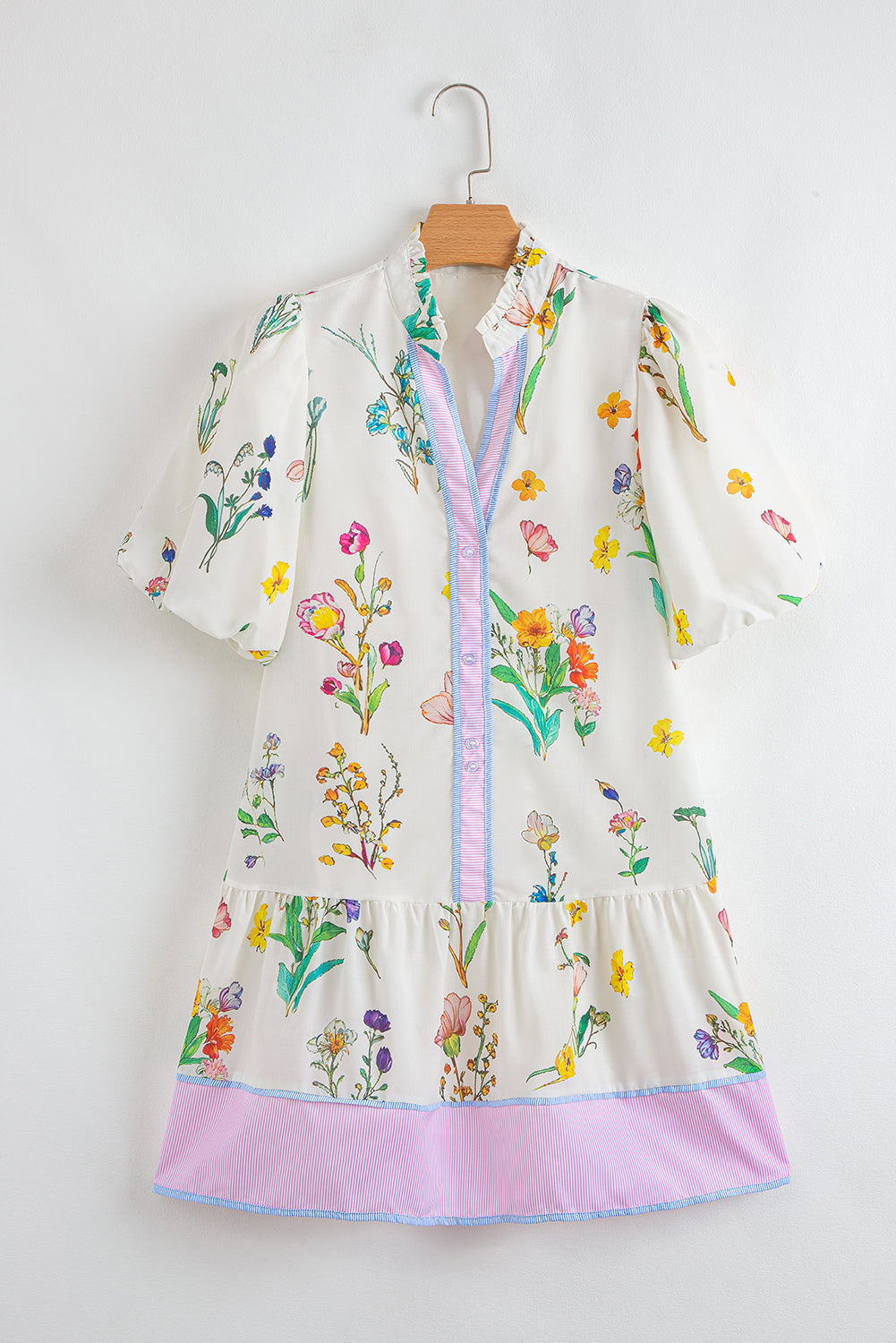 White Floral Print Contrast Striped Patchwork Short Puff Sleeve Dress