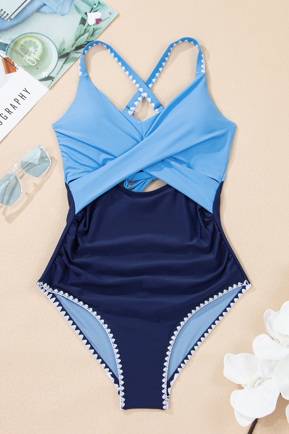 Beau Blue Ric Rac Trim Contrasted Patchwork Cutout One Piece Swimsuit