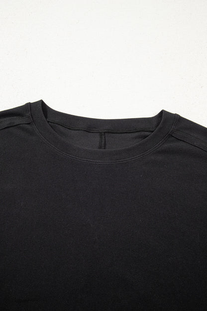 Black Solid Color Bow Textured Patchwork Long Sleeve Tee