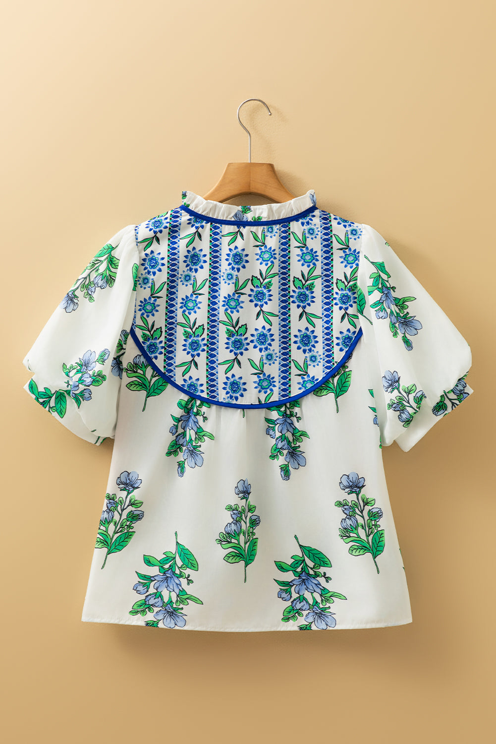 Beige Floral Print Piping Trim Tie Neck Short Sleeve Blouse