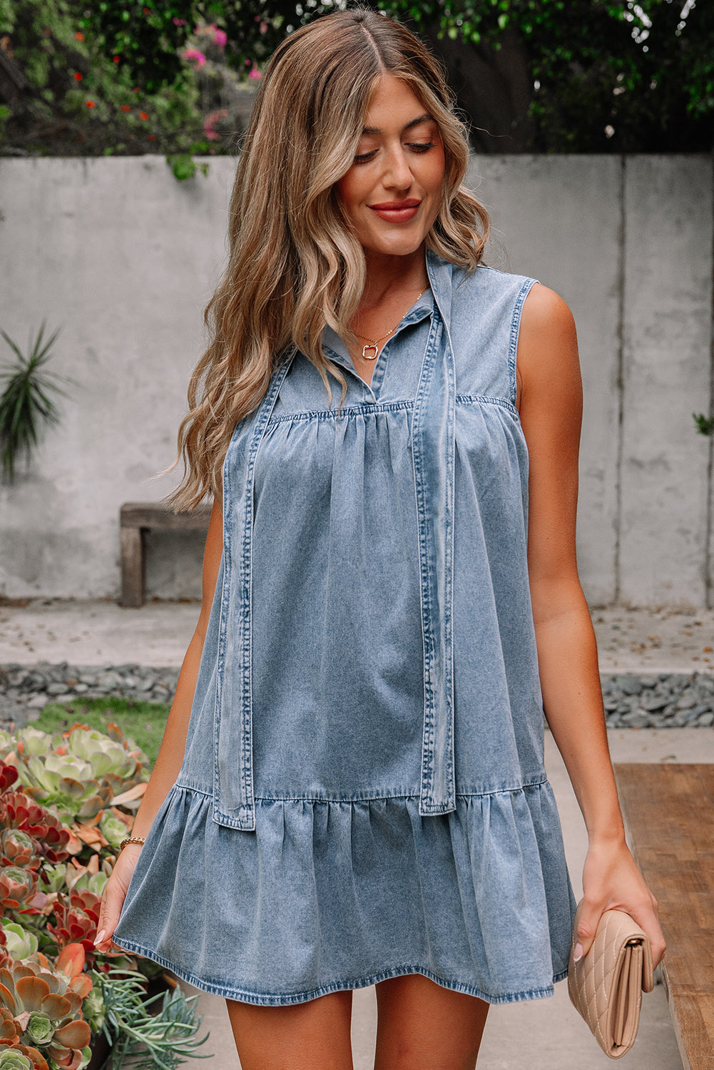 Real Teal Bowknot Neck Sleeveless Ruffled Chambray Dress