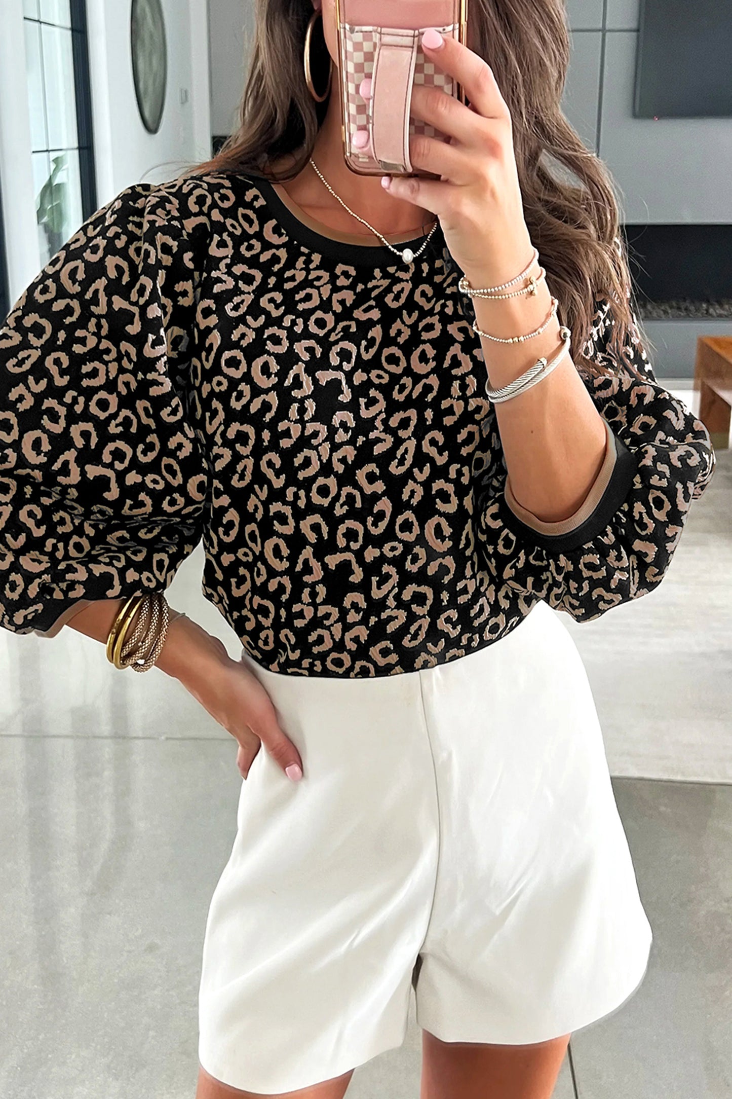 Black Leopard Print Puffy Bracelet Sleeve Contrast Trim Round Neck Top
