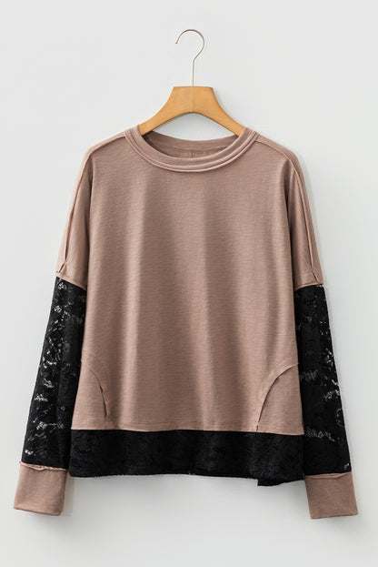 Dark Brown Sheer Lace Patchwork Casual Long Sleeve Tee