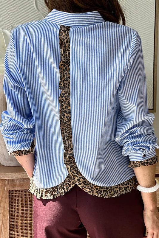 Sky Blue Stripe Contrast Frilled Leopard Trim Casual Long Sleeve Shirt