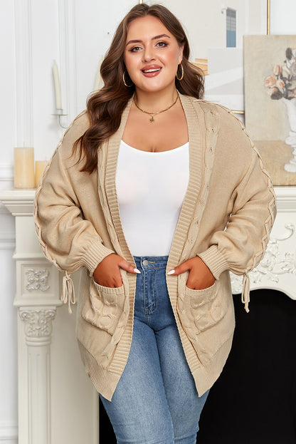Parchment Cable Knit Braided Tie Sleeve Plus Size Open Cardigan