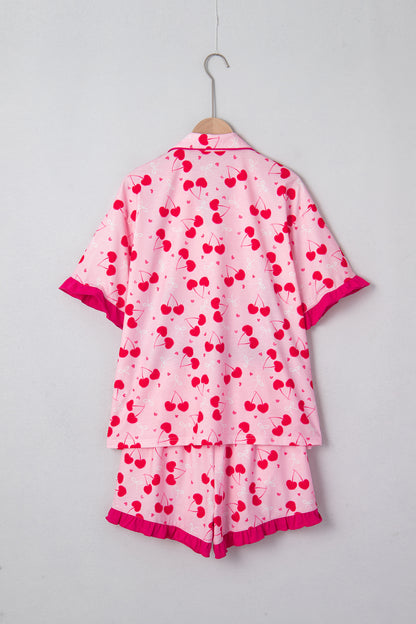 Rose Cherry Bow Mixed Print Scalloped Edge Short Pajama Set