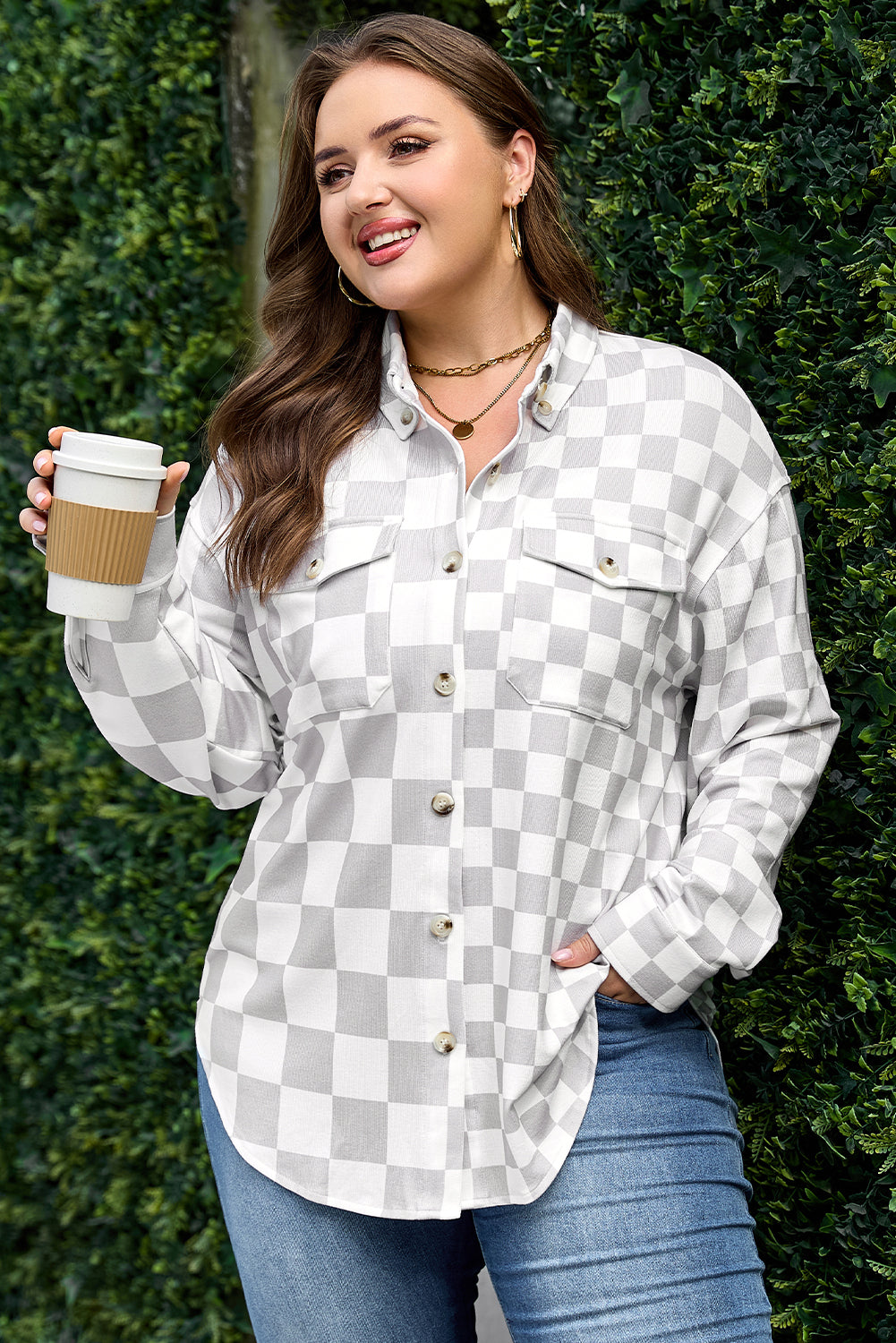 Khaki Plus Size Checkered Buttoned Down Casual Western Jacket