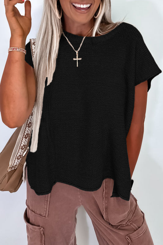 Black Solid Color Sweater Tee with Side Slits