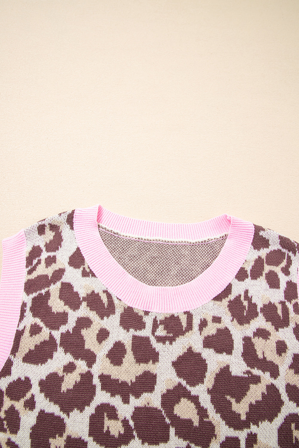 Brown Leopard Pattern Contrast Ribbed Trim Sweater Vest