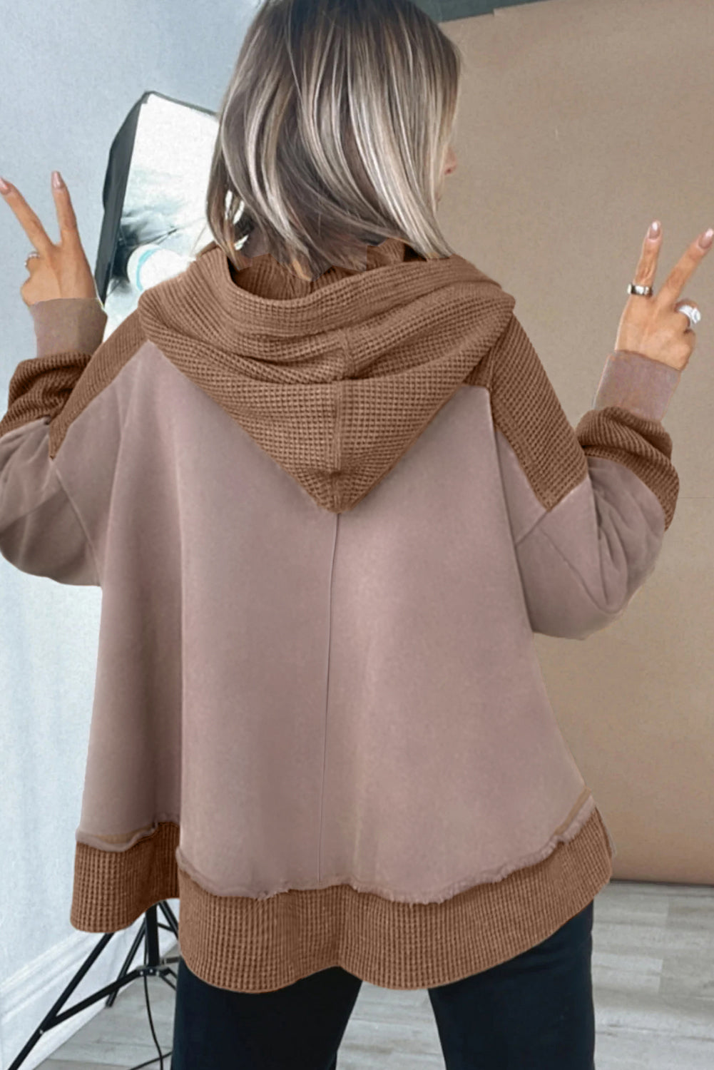 Goat Oversize Waffle Patchwork Exposed Seam Casual Hoodie