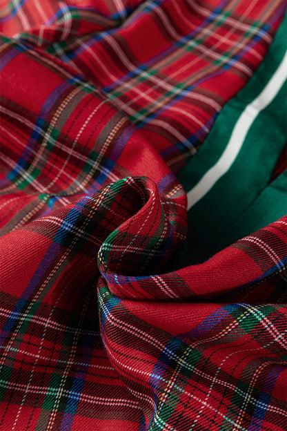 Red Plaid Print Contrast Trim V Neck Short Sleeve Blouse