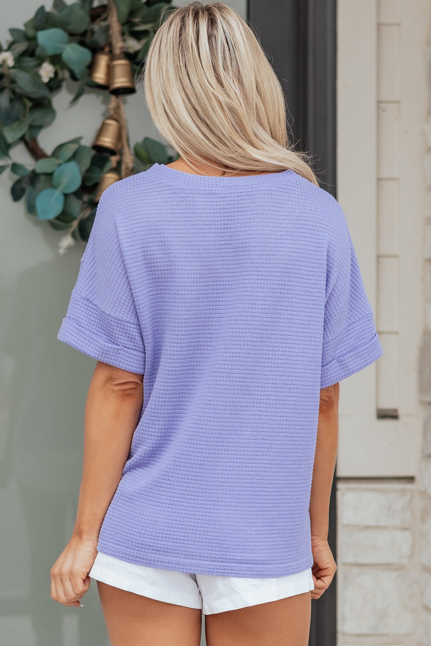 Wisteria Waffle V Neck Short Sleeve Knit Top