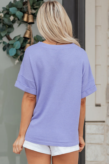 Wisteria Waffle V Neck Short Sleeve Knit Top