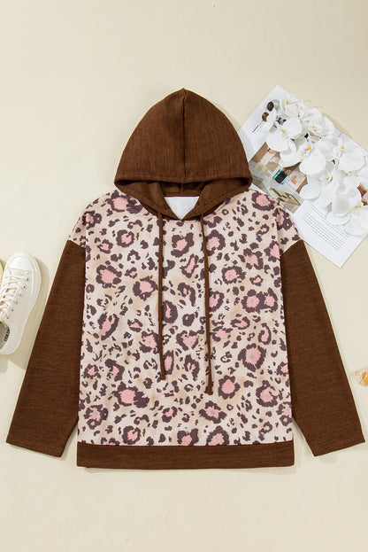 Brown Leopard Print Knit Patchwork Plus Hoodie