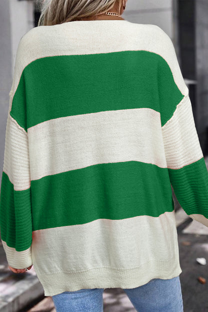 Red Stripe Loose Color Block Drop Shoulder Bubble Sleeve Sweater