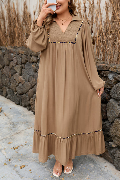 Chestnut Smocked V Neckline Leopard Piping Accent Bracelet Plus Size Long Dress