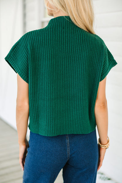 Dark Blue Patch Pocket Ribbed Knit Short Sleeve Sweater