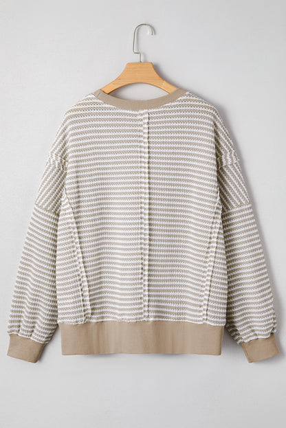 Brown Stripe Chenille Bow Patched Drop Shoulder Long Sleeve Top