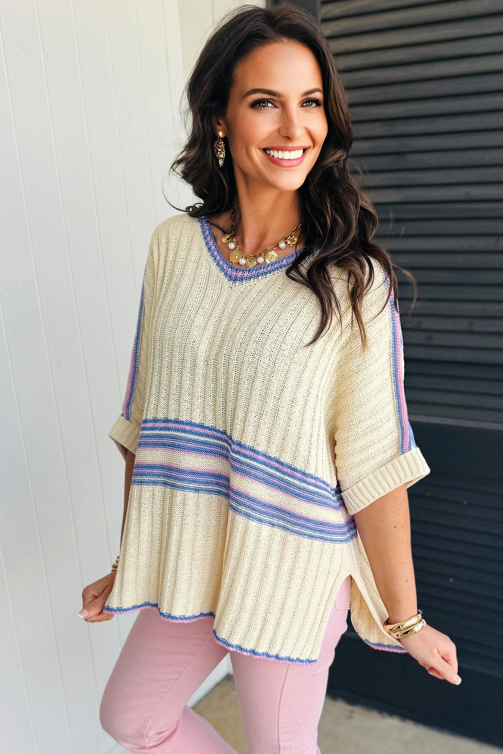 White Striped V Neck Dolman Sleeve Rib Knit Oversized Sweater with Slits