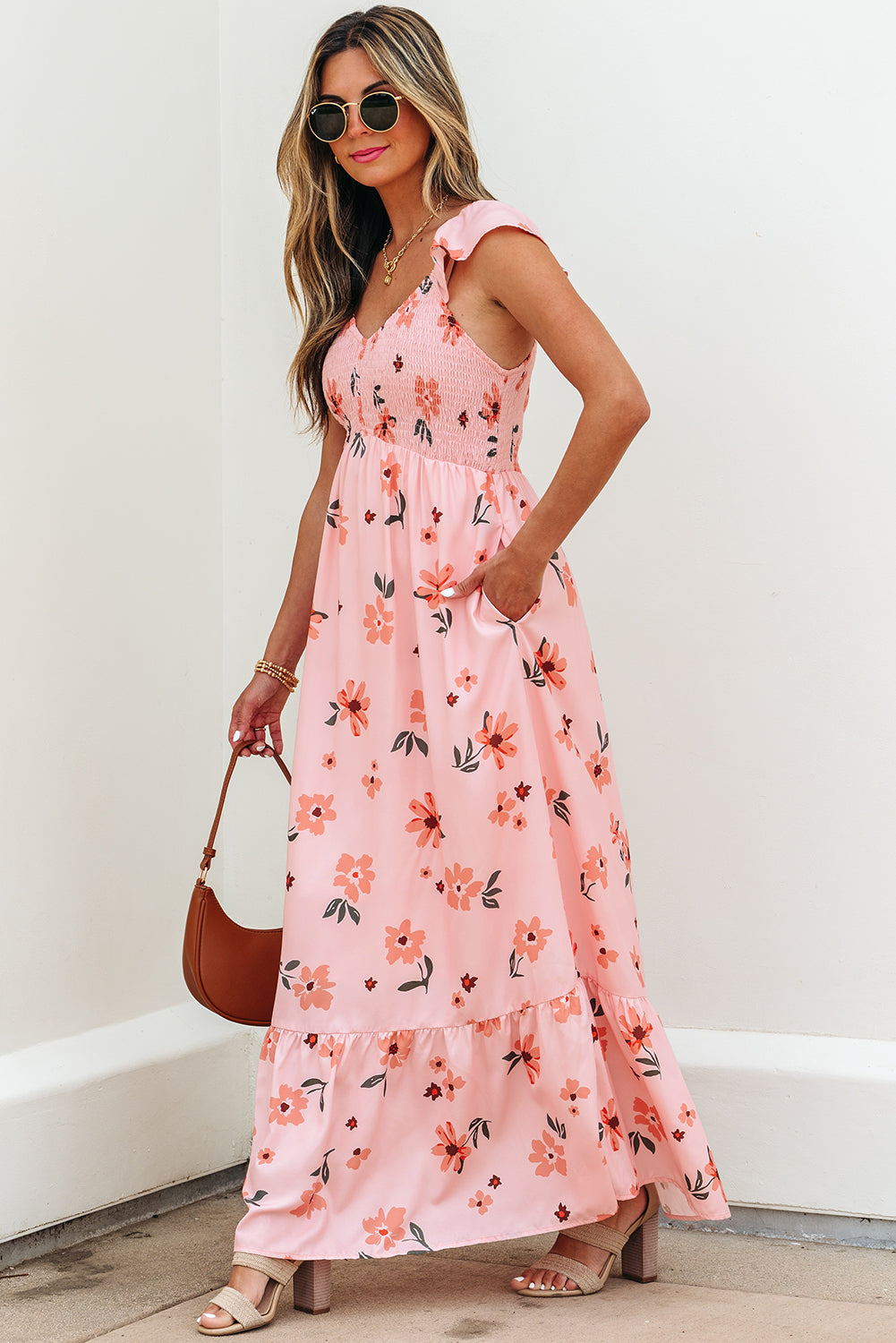 Pink Floral V Neck Smocked High Waist Ruffle Hem Long Dress
