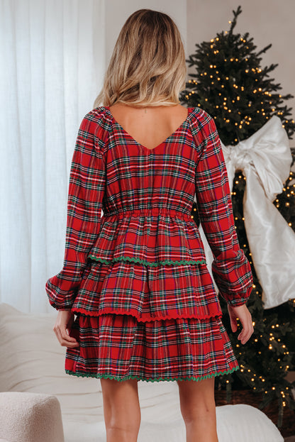 Red Plaid Print Ricrac Tiered Bubble Sleeve Mini Dress