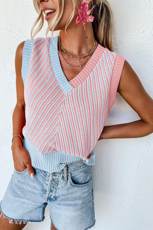Light Pink Contrast Chevron Knit V Neck Sweater Vest