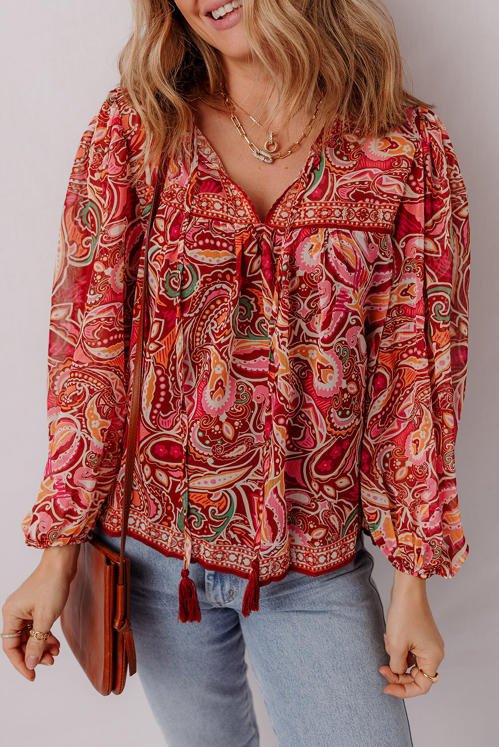 Multicolour Ethnic Paisley Print Tassel Tie Puff Sleeve Boho Blouse