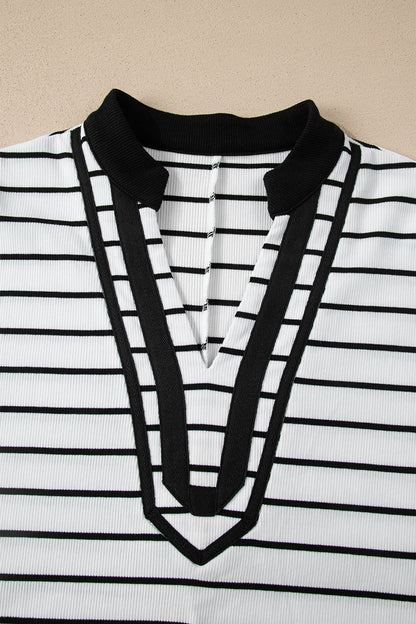 White Stripe Stand Collar V Neck Elastic Cuffs Half Sleeve Dolman Top