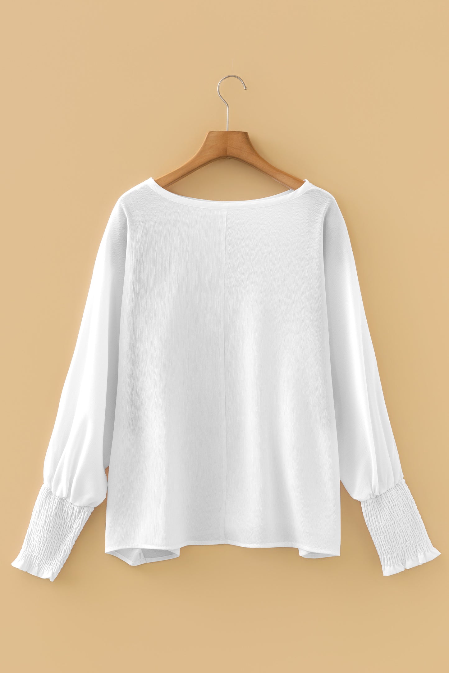 White Smocked Cuffs Semi Sheer Long Sleeve Dolman Blouse