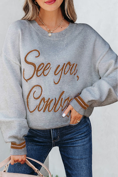 Peach Blossom See You Cowboy Embroidered Western Graphic Sweater