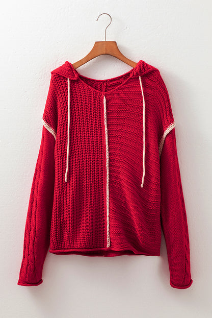 Racing Red Color Contrast Trim Textured Knit Drawstring Hooded Sweater