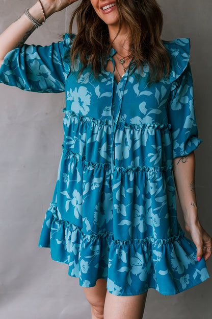 Blue Flower Half Sleeve Tiered Ruffled Mini Dress