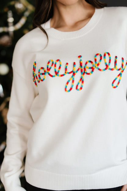 Beige Colorful Holly Jolly Christmas Knit Loose Sweater