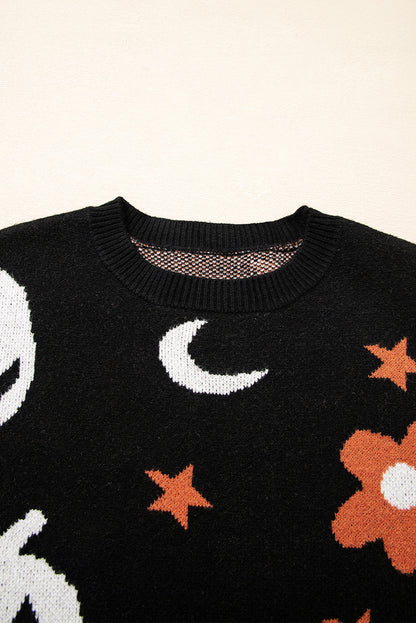 Black Halloween Mythical Night Pattern Drop Shoulder Sweater
