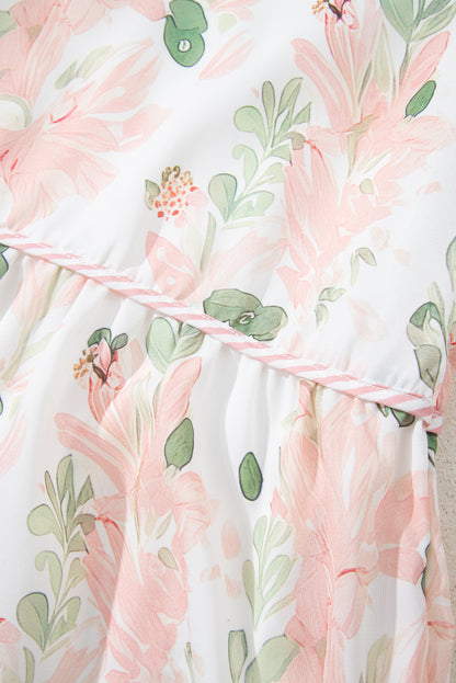 Pink Plus Size Floral Print Striped Detail Short Summer Dress