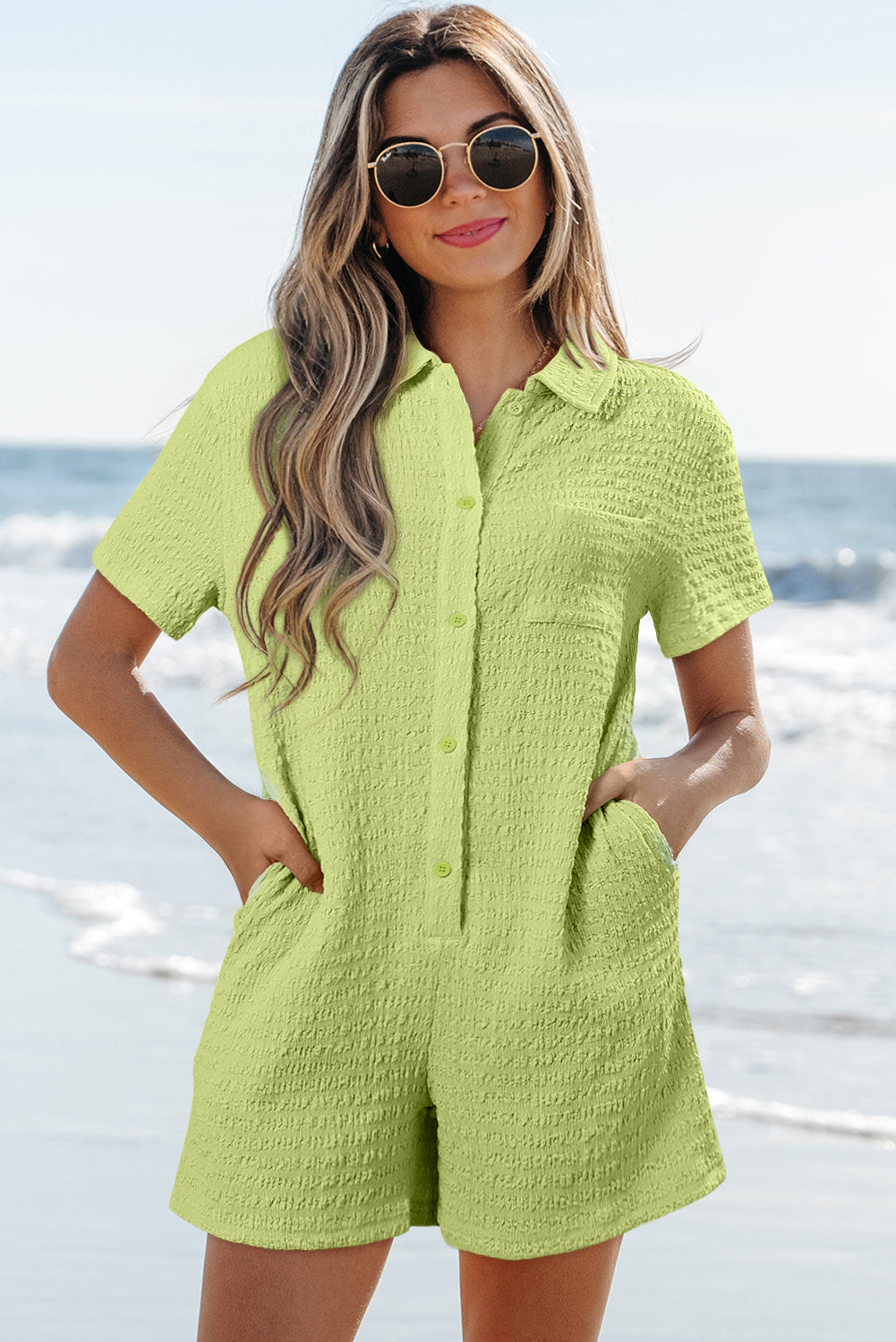 Meadow Mist Green Textured Short Sleeve Patched Pocket Buttoned Shirt Romper