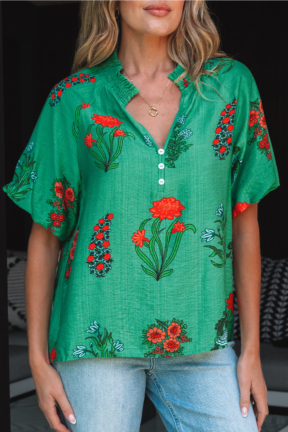 Bright Green Floral Print Buttoned V Neck Short Sleeve Blouse