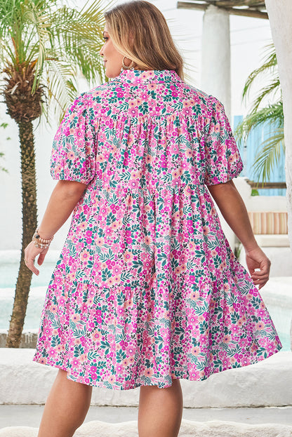 Pink Plus Size Floral Half Button Short Puff Sleeve A-line Dress