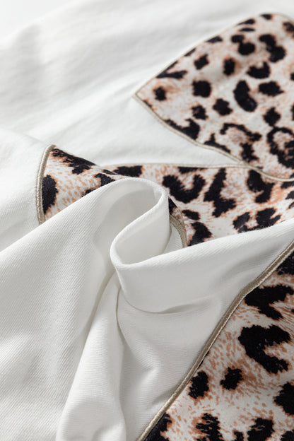 White Leopard Bow Embroidered Cotton Round Neck T Shirt