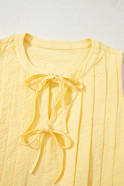 Yellow Cream Bow Tie Notched Neck Pleated Tank Top